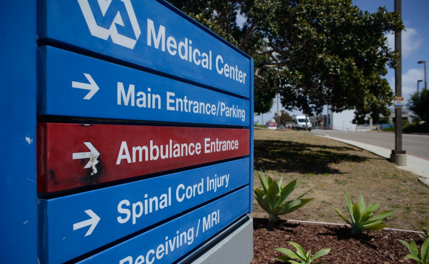A sign outside the San Diego VA Medical Center directs visitors to the spinal cord injury center, May 1, 2019.