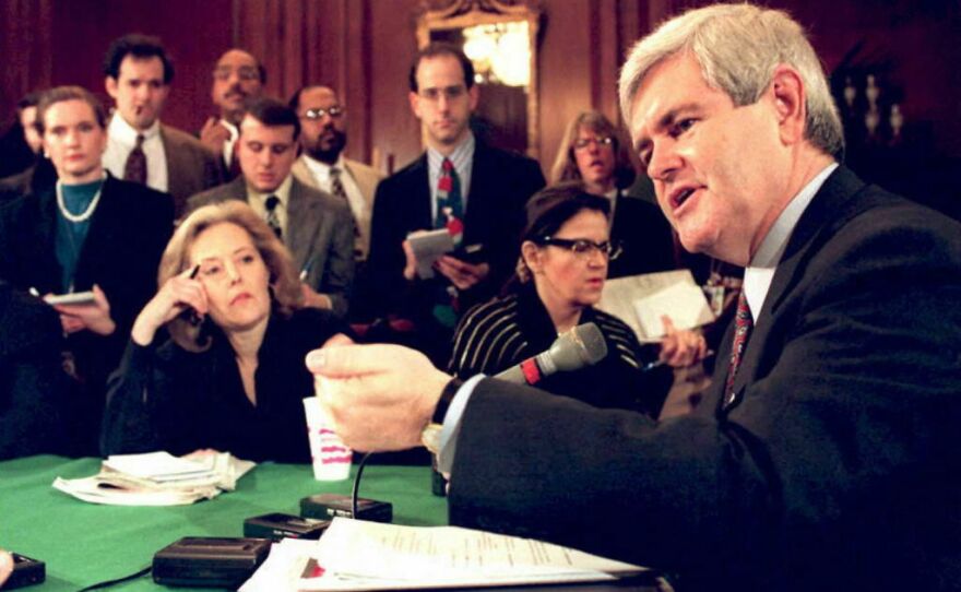 Then-House Speaker Newt Gingrich speaks to the press on Capitol Hill in March 1995 about the upcoming vote in the Senate on the Balanced Budget Amendment.