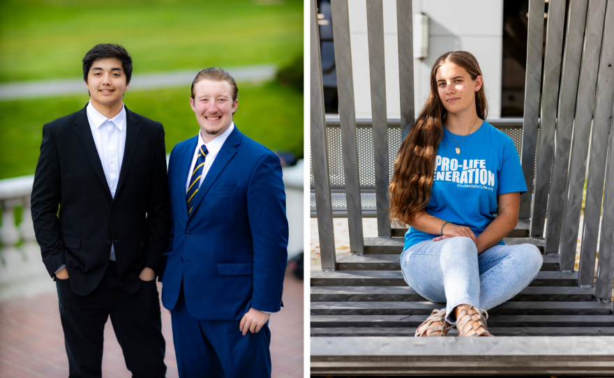 Miguel Muniz (left) and Martin Bertao are the incoming and outgoing presidents of the University of California Berkeley College Republicans. Mia Akins is a member of Students For Life, an anti-abortion rights group, at Florida International University in Miami.