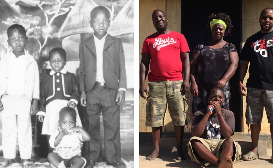 The author, far right in both photos, and some of his siblings in 1980 and in 2015.