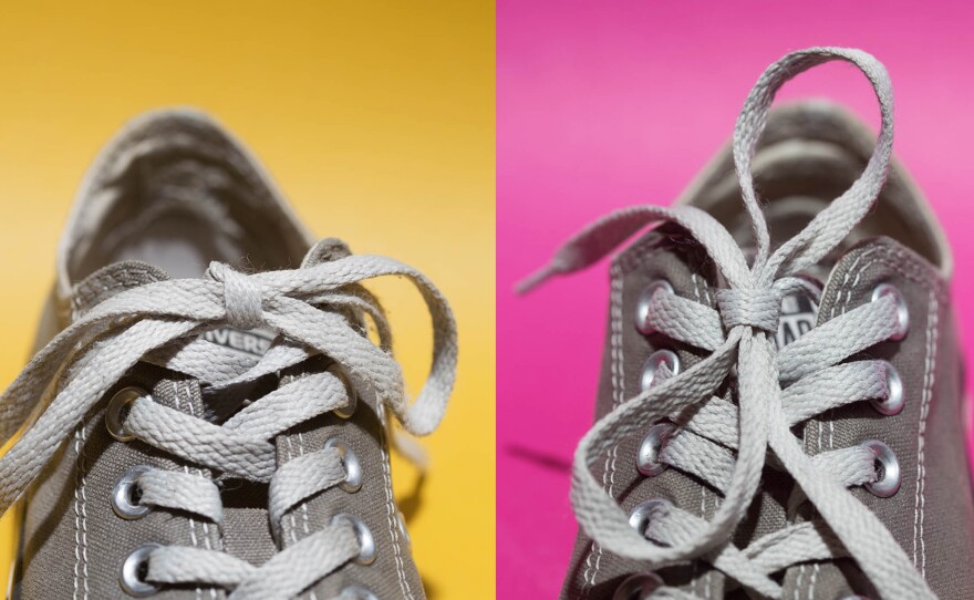 The laces on the left are tied in a strong knot that lies horizontally. The laces on the right are tied in a knot that makes the bow lie vertically and which, according to new research, can come untied more easily.