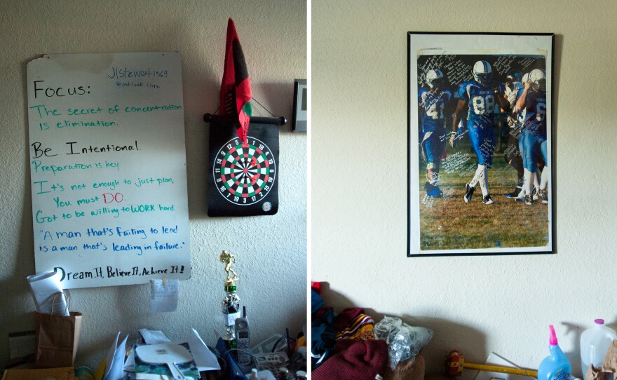 At left, a poster on the wall in Nnaka's room with inspirational messages. At right, a photograph taken moments before the accident that would change his life, decorated with signatures and messages from his Oklahoma Thunder teammates and friends.