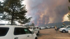 San Bernardino National Forest fire trucks staged near the Cranston Fire in Idyllwild, CA, July 25, 2018. 