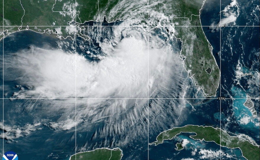 This NOAA satellite image taken at 10:30 a.m. EDT on Tuesday, July 21,  shows Tropical Storm Bertha moving along the Gulf of Mexico's northern coast.