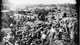 "Mining Scene on the American River, c. 1852" by George Johnson, one of the historic photos included in the exhibit "Gold Fever! Untold Stories of the California Gold Rush" at the Temecula Valley Museum.