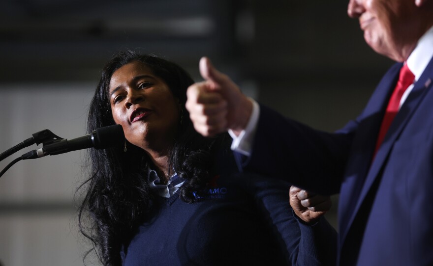 Kristina Karamo, who is headed towards becoming the Republican nominee for secretary of state in Michigan, gets an endorsement from Trump during his April 2 rally.