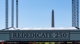 Work continues on the stage for the Rededicate 250 celebration on the National Mall in Washington.