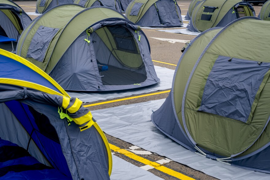 San Diego opened a new Safe Sleeping program at the City of San Diego’s Central Operations Station parking lot. The site can accommodate up to 136 tents, each can house a single person or a couple. The opening of the Safe Sleeping tents coincides with the activation of the city’s new Unsafe Camping Ordinance. The ordinance prohibits camping in all public spaces if shelter beds are available, San Diego, June 28, 2023.