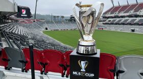 The MLS Cup trophy on display at Snapdragon Stadium, May 18, 2023. 