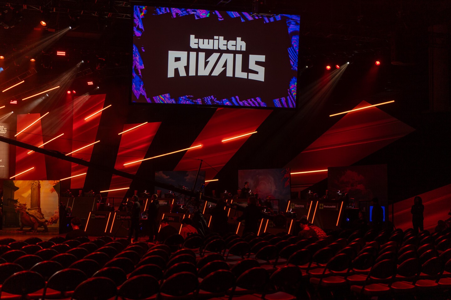 Crewmembers prepare the Twitch Rivals Arena for an esports tournament at the San Diego Convention Center on Oct. 17, 2025.