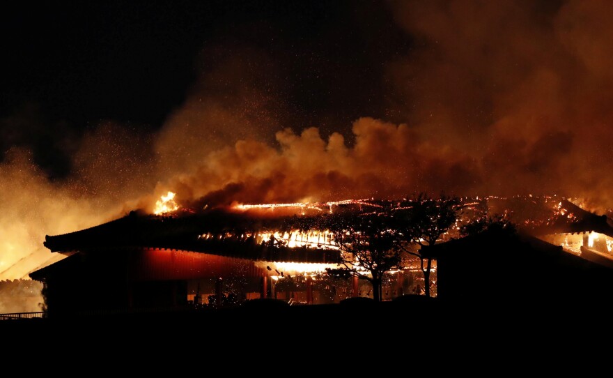 Shuri Castle, listed as a World Heritage site, goes up in flames, in Naha on the southern island of Okinawa, Japan on Thursday.