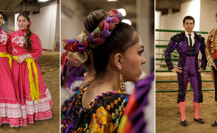 Adeliza Quezada and Iliana Quezada, of Escaramuza Flor de Aguileña, a baile folklórico dancer, and matadors Jorge DeliJorge and Issac Leal Montalvo pose for a photo backstage.