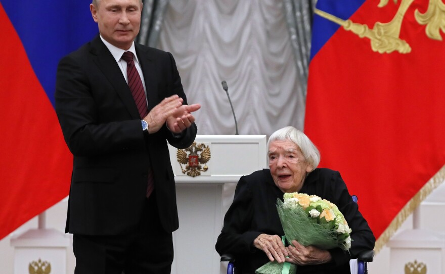 Russian President Vladimir Putin tried to co-opt the legacy of human rights activist Lyudmila Alexeyeva while she was still alive. Here, he congratulates Alexeyeva last December during a ceremony at the Kremlin to present the 2017 State Awards for Outstanding Achievements in Human Rights and and Charity Work.
