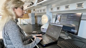 Maryam Pourebadi, UC San Diego Ph.D. student, works on software programming in a collaboratory in the new Franklin Antonio Hall, La Jolla, Calif., September 14, 2022.