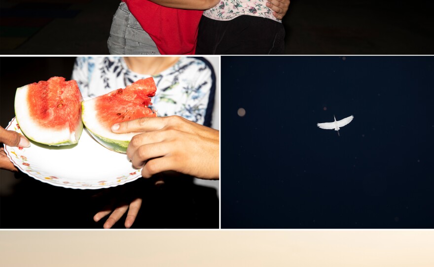 <strong>Top:</strong> Dancers Maira and Daniela, 2022. <strong>Left:</strong> Some watermelon at Marcela's house one night during a rehearsal. <strong>Right:</strong> Heron on the Meta River.