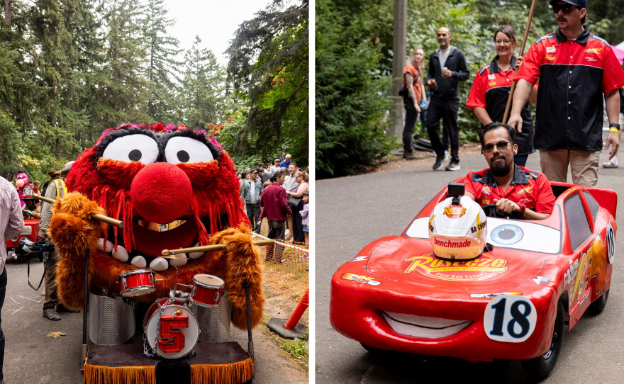 A soapbox modeled after the Muppets' Animal; a Lightning McQueen-themed soapbox car at the Portland Adult Soapbox Derby at Mt. Tabor Park on August 15, 2026 in Portland, Ore.