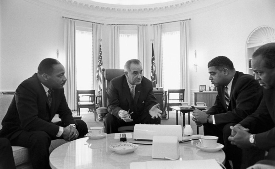 Lyndon B. Johnson (second from left) meeting with civil rights leaders Rev. Martin Luther King Jr. (left), Whitney Young, and James Farmer in the Oval Office in 1964.