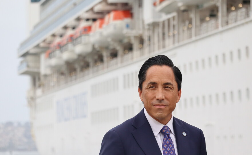 San Diego Mayor Todd Gloria stands in front of the Ruby Princess at the start of cruise season on Monday, Sept. 14, 2026.