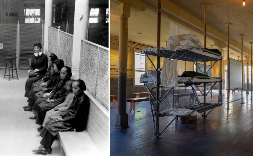 Women and children, left, at the Angel Island Immigration Station circa 1910-1919, and a room on the first floor of thedetention barracks museum.