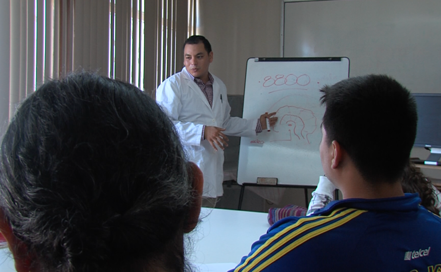 Patients at Tijuana's Centro de Integración Juveníl learn about drug-induced brain damage, Oct. 18, 2016. 