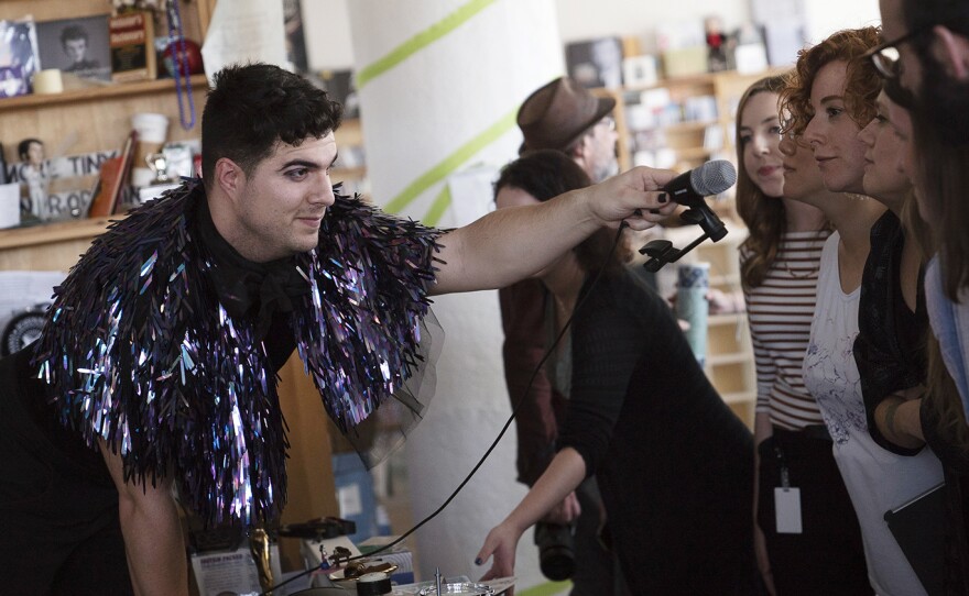 Jeremy Dutcher performs a Tiny Desk Concert on April 22, 2019 (Michael Zamora/NPR).