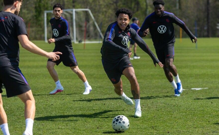 Weston McKennie chases after the ball during a warm-up drill Friday ahead of an international match Saturday between the USMNT and Belgium in Atlanta.