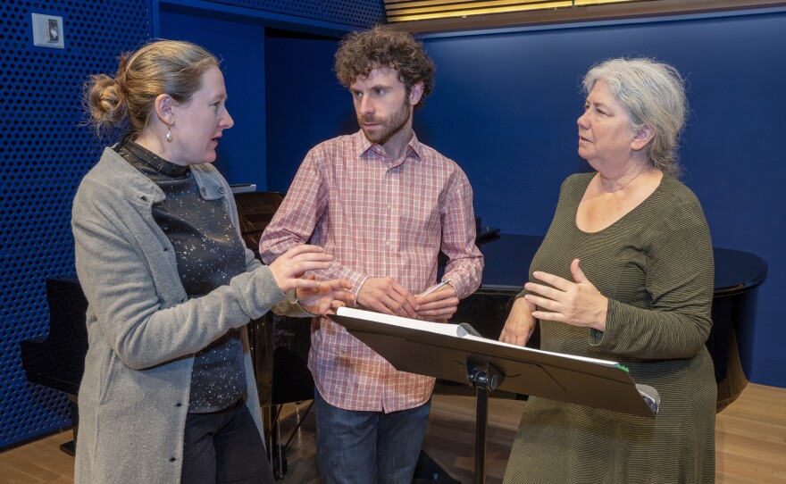 Sarah Ruhl (left), Matthew Aucoin, and Mary Zimmermann at the National Opera Center in 2019.