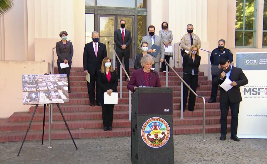San Diego County Supervisor Dianne Jacob speaks at a news conference on Nov. 13, 2020, presenting the findings of the 2020 Meth Strike Force Report Card.