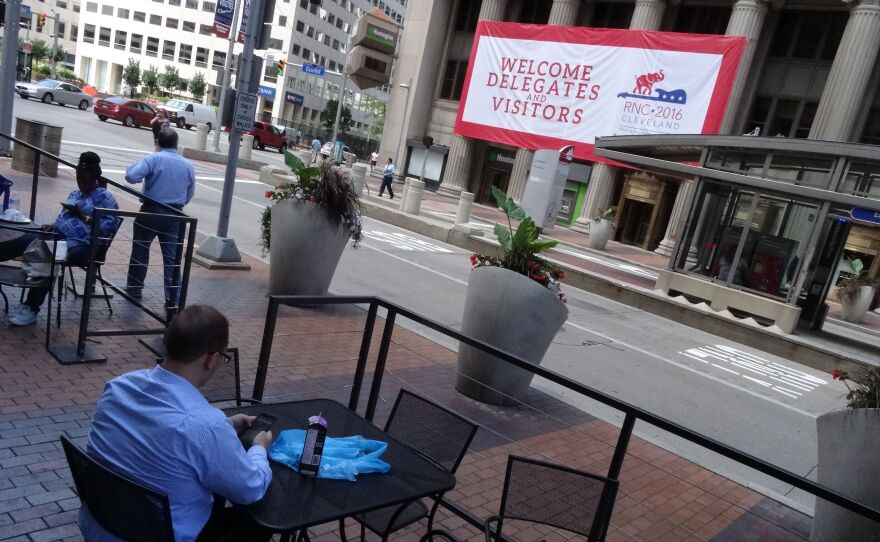 A sign welcomes visitors in downtown Cleveland days before the city hosts the Republican National Convention.