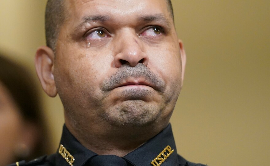 U.S. Capitol Police officer Aquilino Gonell reacts as he testifies during a U.S. House select committee hearing on the Jan. 6 Capitol riot in Washington, D.C., the United States, on July 27, 2021.
