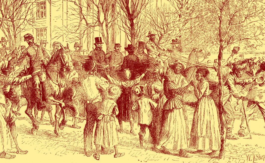 Abraham Lincoln is shown in Richmond, Va., being cheered by former slaves in 1865.