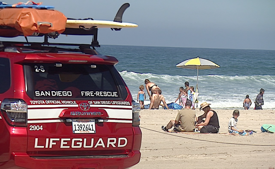 San Diego lifeguards monitor the beach at Tourmaline Surf Park in Pacific Beach, Aug. 26, 2014.