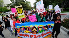 Student and faculty members march on the campus of California State University, Northridge, demonstrating against proposed budget cuts at all 23 Cal State University campuses statewide on April 13, 2011 in Los Angeles, California. 