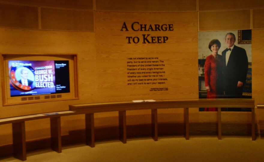 A portion of an exhibit is shown in the museum area at the George W. Bush Presidential Library and Museum in Dallas on April 16. The George W. Bush Presidential Center, which includes the library, museum and policy institute, will be dedicated Thursday at Southern Methodist University in Dallas.