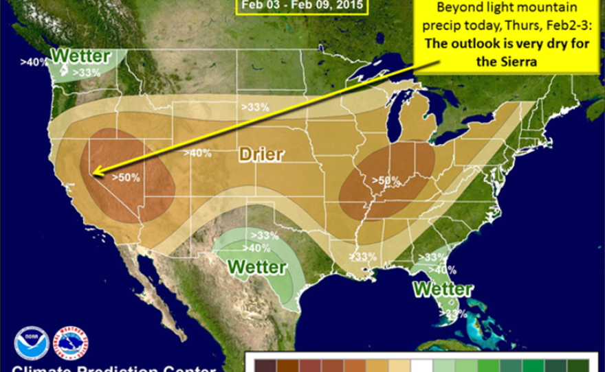 A map of the U.S. is shown detailing the precipitation outlook from Feb. 3 to Feb. 9, 2015.