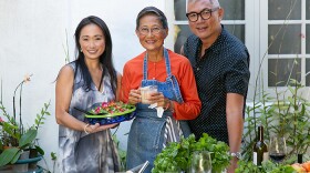A scene from "Healing" with host Danielle Chang, chef Su-Mei Yu and co-host William Li. 