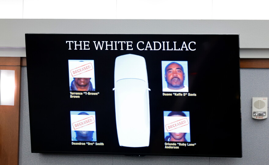 An illustration is displayed during the Duane Davis murder trial, related to the 1996 killing of rapper Tupac Shakur, at Clark County District Court Regional Justice Center in Las Vegas, Monday, Aug. 17, 2026.