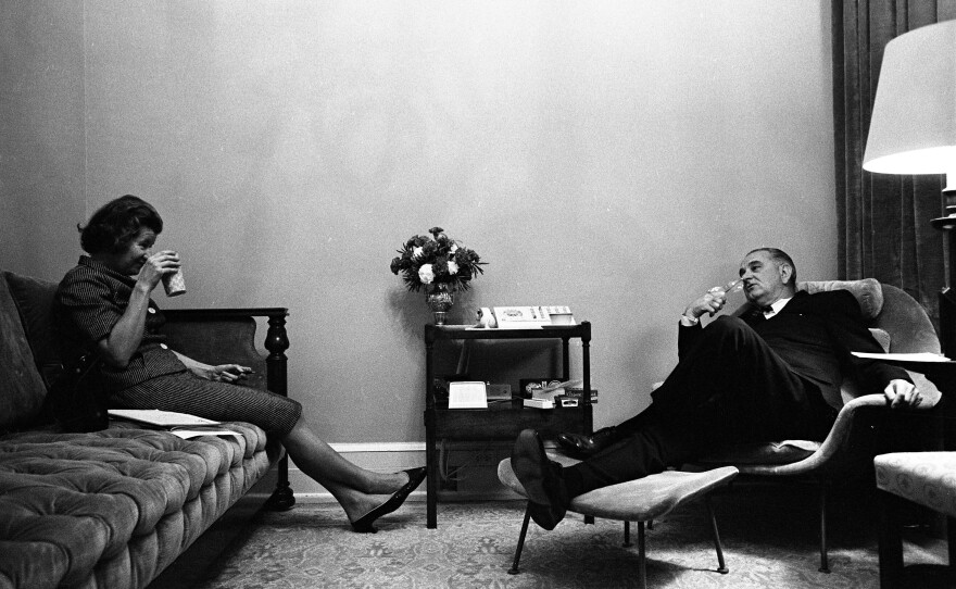 President Lyndon B. Johnson and Mary McGrory chat outside the Oval Office in 1965.