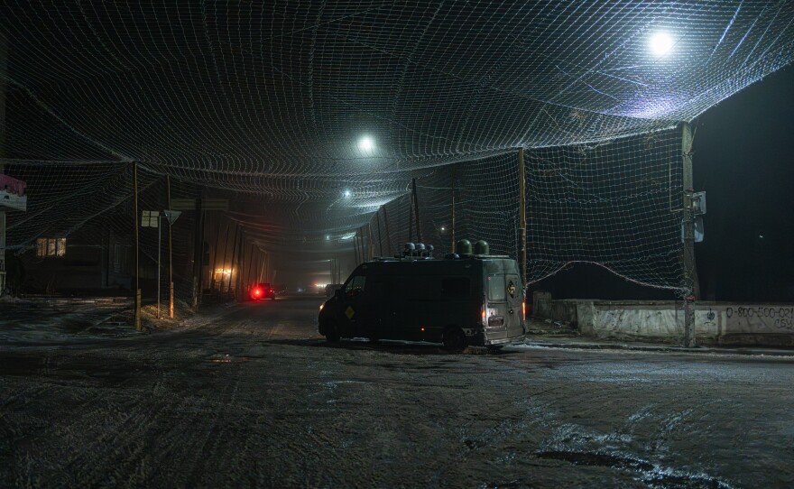 Nets along the city streets in Izium, Ukraine.