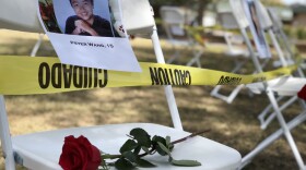 An empty chair at Patrick Henry High School commemorates Parkland, Florida, school shooting victim Peter Wang, March 12, 2018.