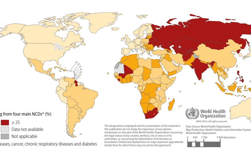 The map shows the probability of dying from the four main noncommunicable diseases for individuals between the ages of 30 and 70 years.