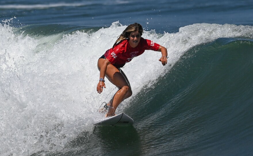 Caroline Marks of the United States competes during Tokyo 2020 women's round 1 heat of surfing at Tsurigasaki Surfing Beach in Chiba Prefecture, Japan, on Sunday.