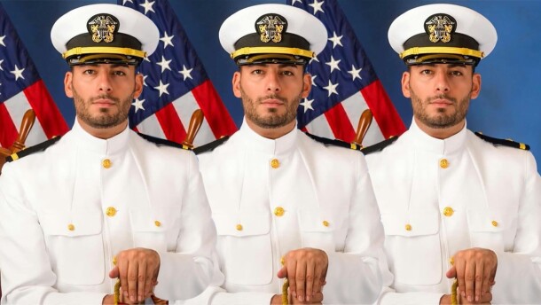 Collage of images of Ammar Campa-Najjar in his military attire.