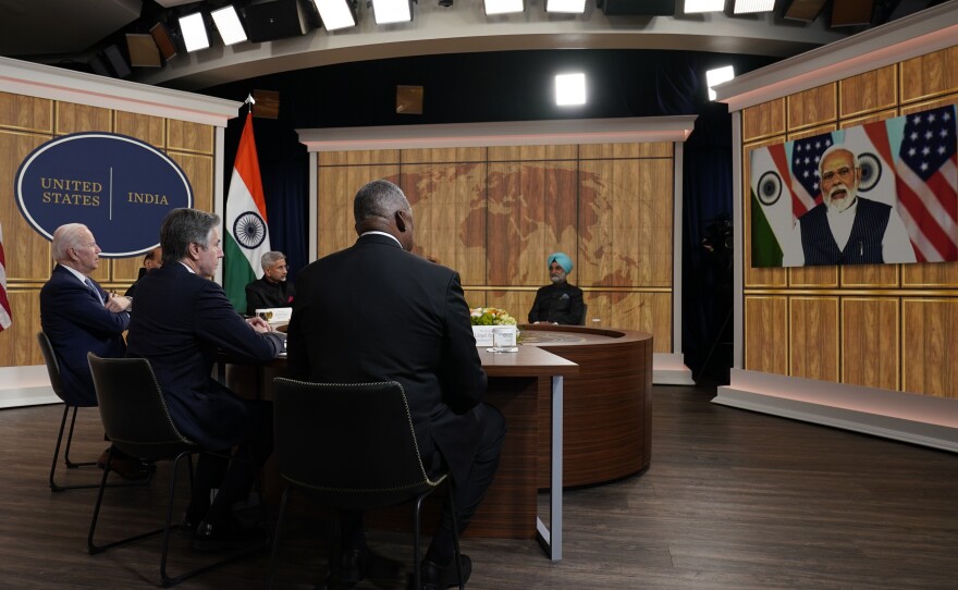 President Biden meets virtually with Indian Prime Minister Narendra Modi in the South Court Auditorium on the White House campus in Washington on Monday.