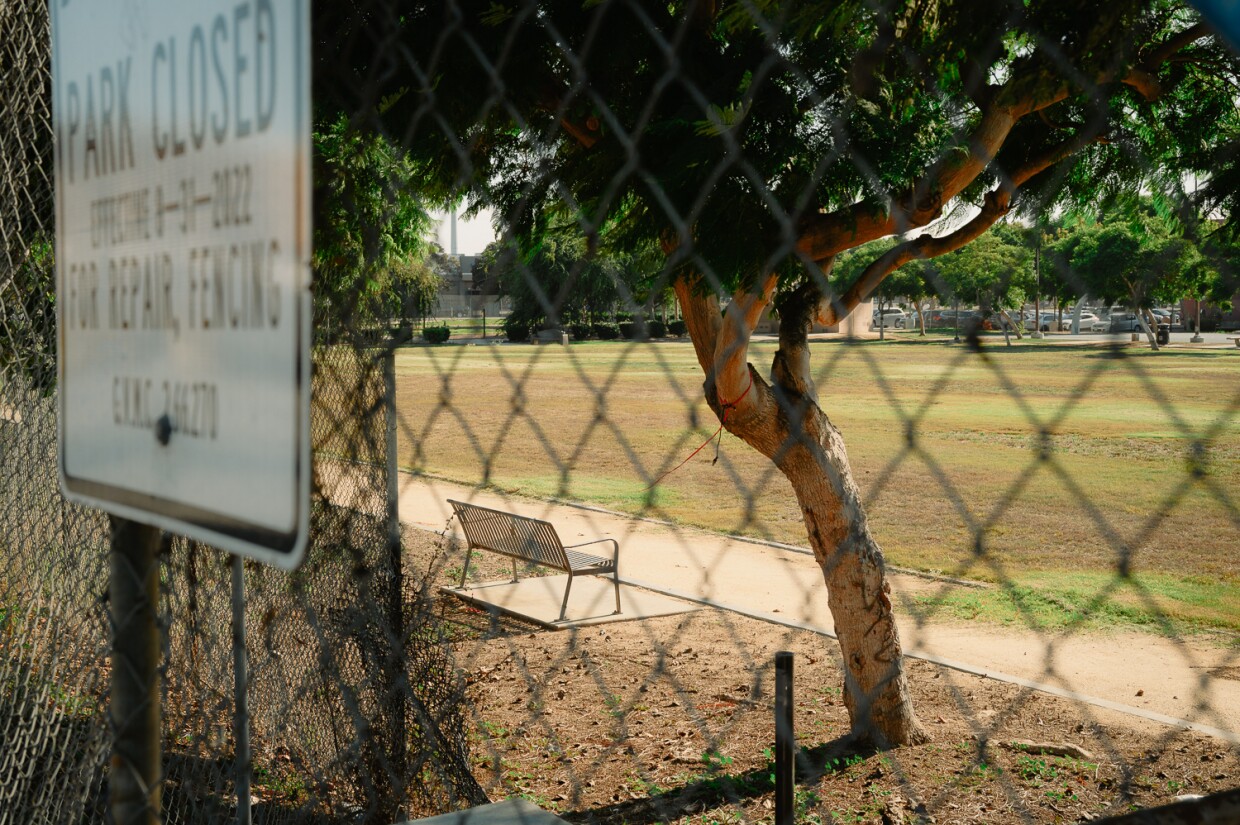 A chain-link fence surrounds Harborside Park in Chula Vista, California on Oct. 3, 2023.