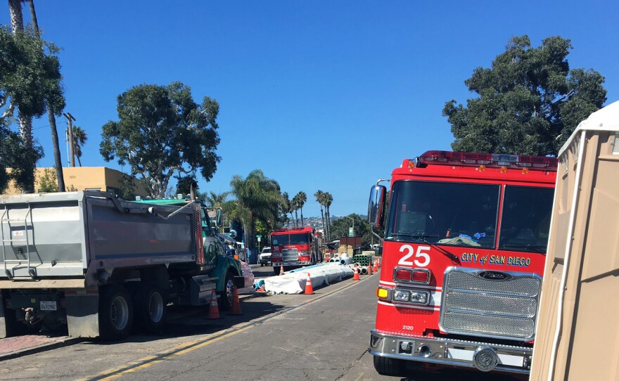 Firefighters evacuated an area bordered by Ocean Front Walk, Verona Court, Zanzibar Court and Mission Boulevard after an excavation crew accidentally ruptured an underground natural gas pipeline on Oct. 2, 2019.