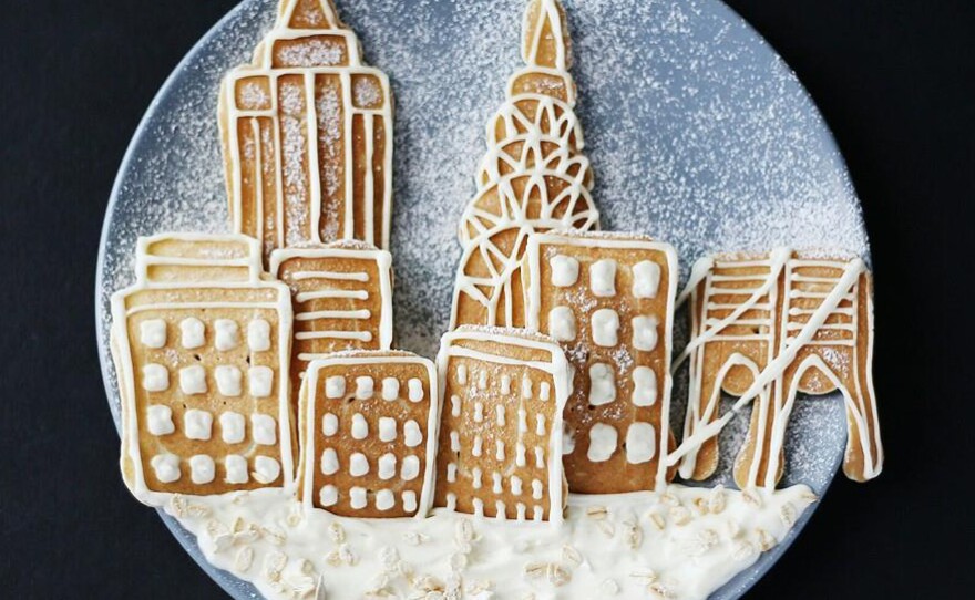 Lee's "Winter wonderland in NYC," made with pancakes, yogurt, cereals, and sugar powder.