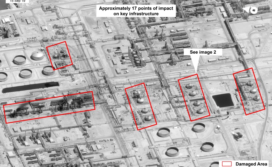 This annotated image released Sunday by the U.S. government and DigitalGlobe shows damage to the infrastructure at Saudi Aramco's Abqaiq oil processing facility.