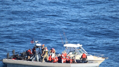 The U.S. Coast Guard and Department of Homeland Security partner agencies interdict a suspected maritime smuggling vessel during coordinated operations south of San Clemente Island, California, Feb. 21, 2026.