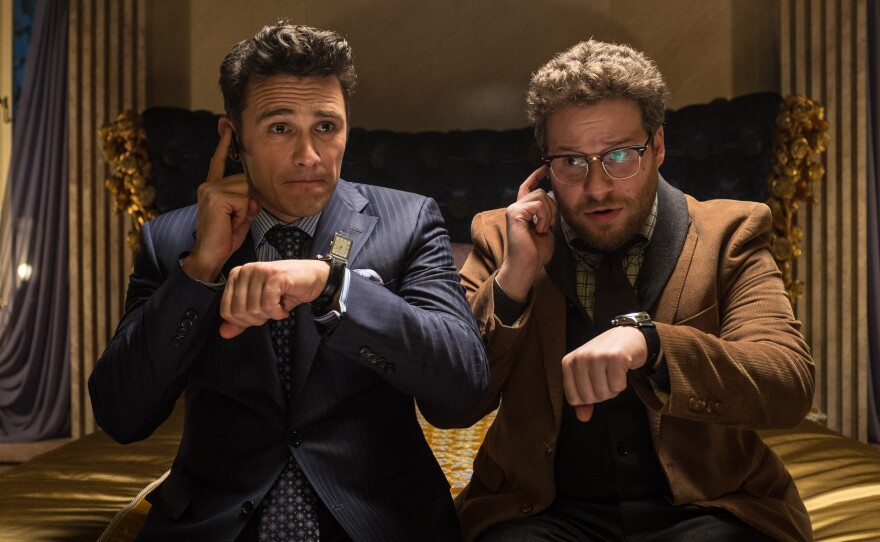 James Franco, left, as Dave, and Seth Rogen as Aaron, in a scene from Columbia Pictures' <em>The Interview</em>. The movie imagines a plot to kill Kim Jong-un, and has angered the North Korean government. It's believed to have led to a cyberattack on Sony Pictures.